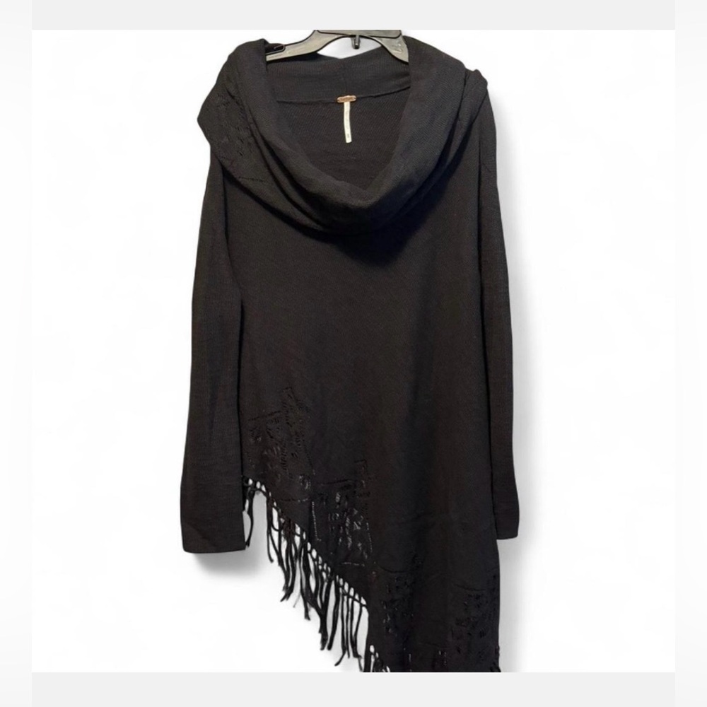 Free People Black Hooded Fringe Turtleneck Sweater